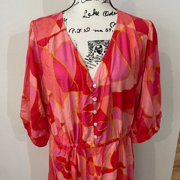 SMOCKED MAXI DRESS Sz 3XL PINK/ORANGE TIERED 3/4 Sleeve BOHO CHIC 100% RAYON - Picture 4 of 16